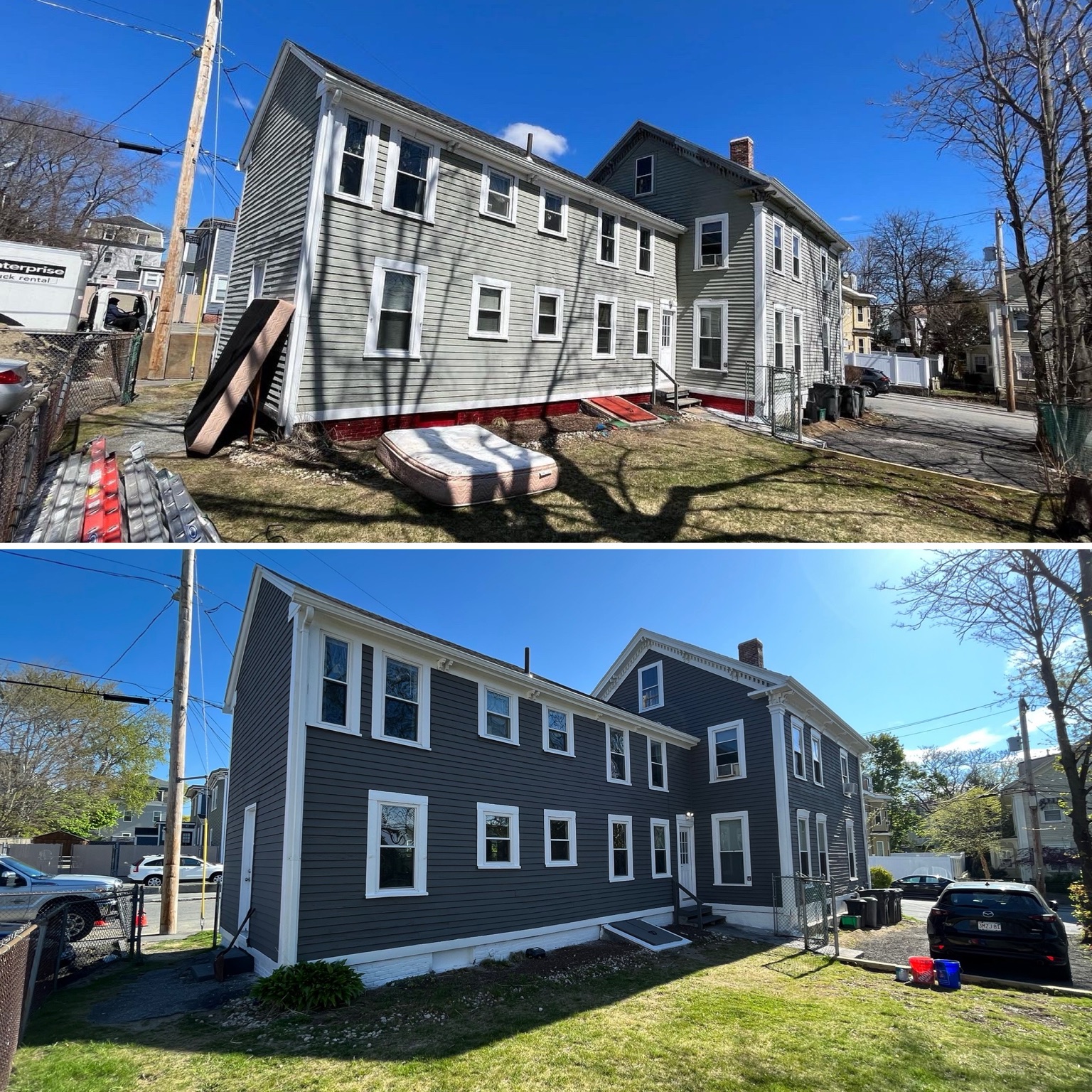 Gray multi-family exterior before and after