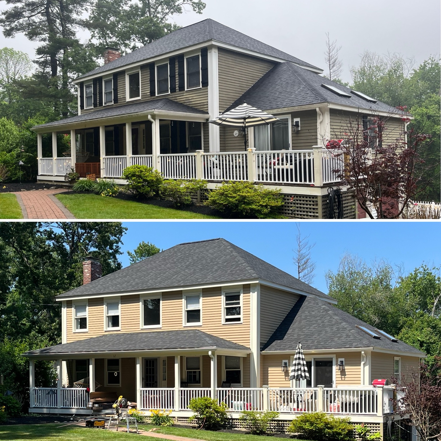 Tan house exterior before and after modernization